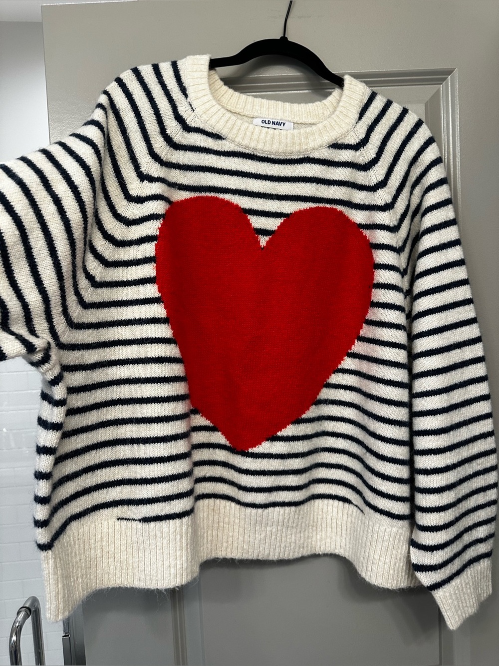 Old Navy Women's Cream Striped Sweater with Red Heart